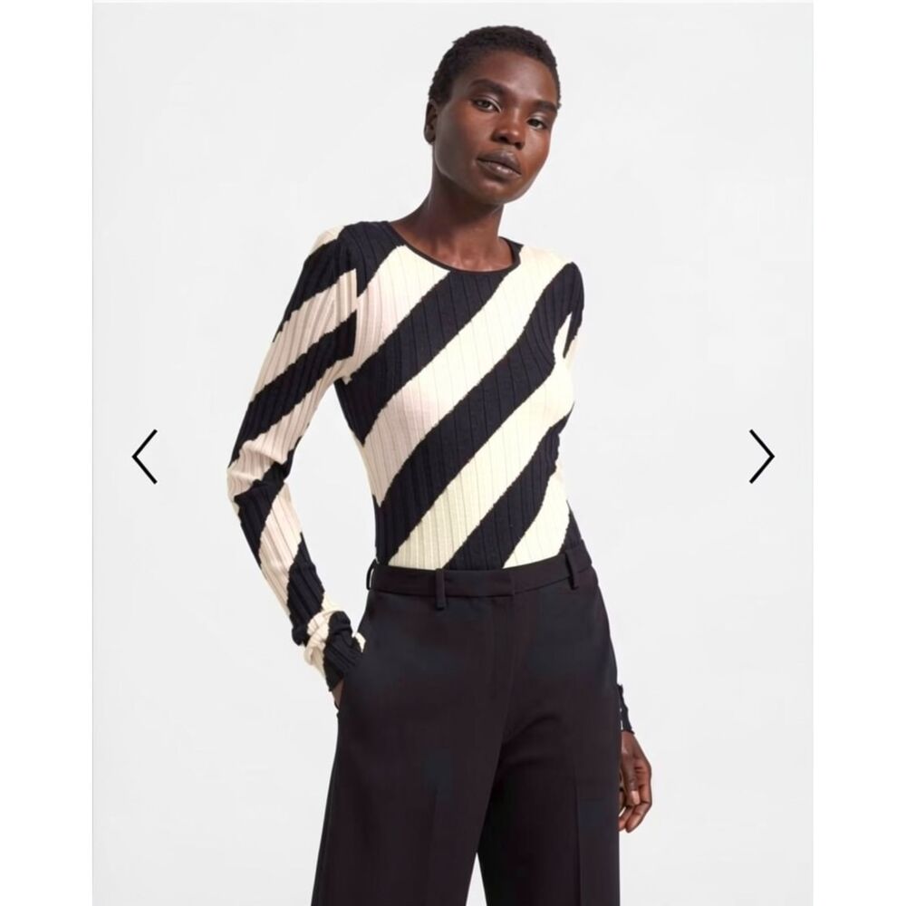 Theory Ribbed Silk Intarsia Stripe Pullover Black/ Natural Creme M Pristine $298